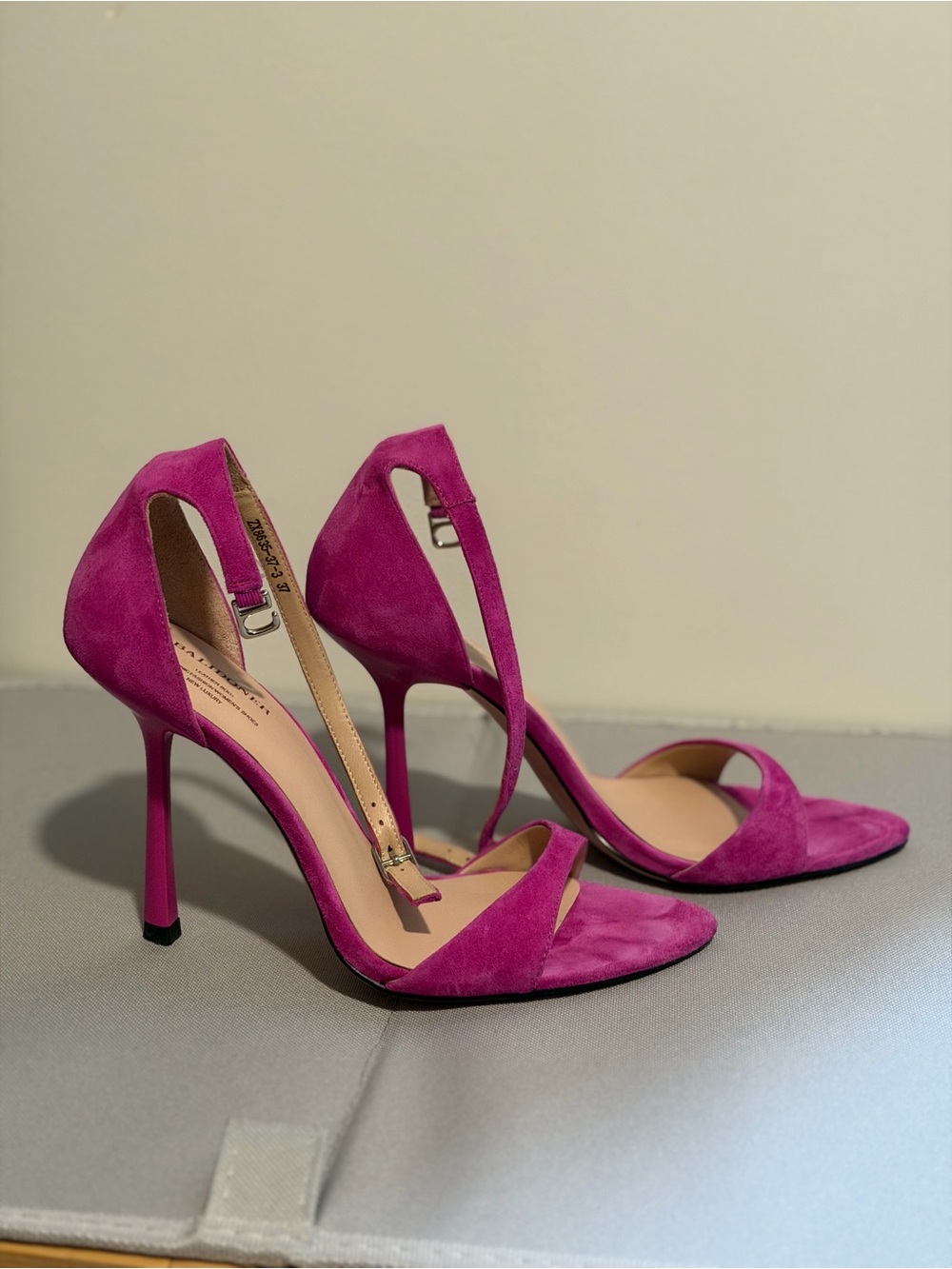 Women's Open-Toe Suede Stiletto Sandals in Fuchsia